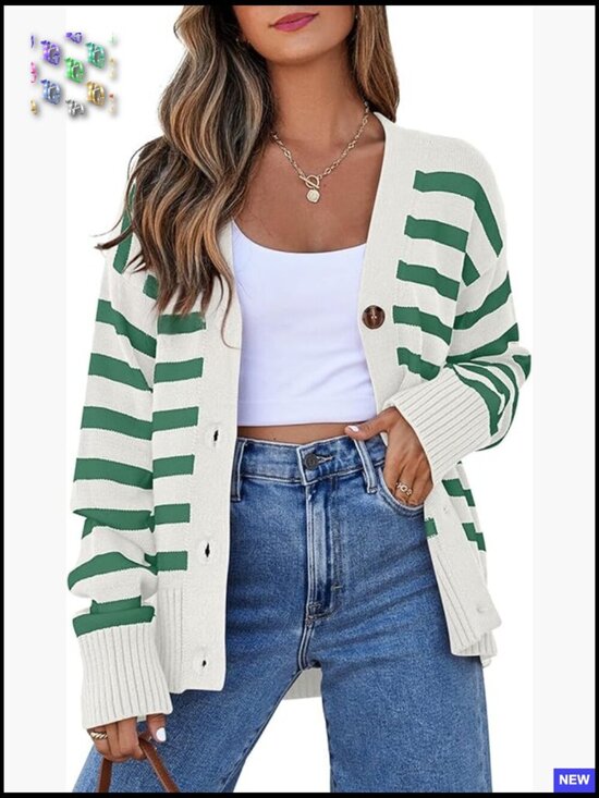 Sweaters - Lightweight Striped Cardigan V-Neck Open Front Button Down Knit Sweater